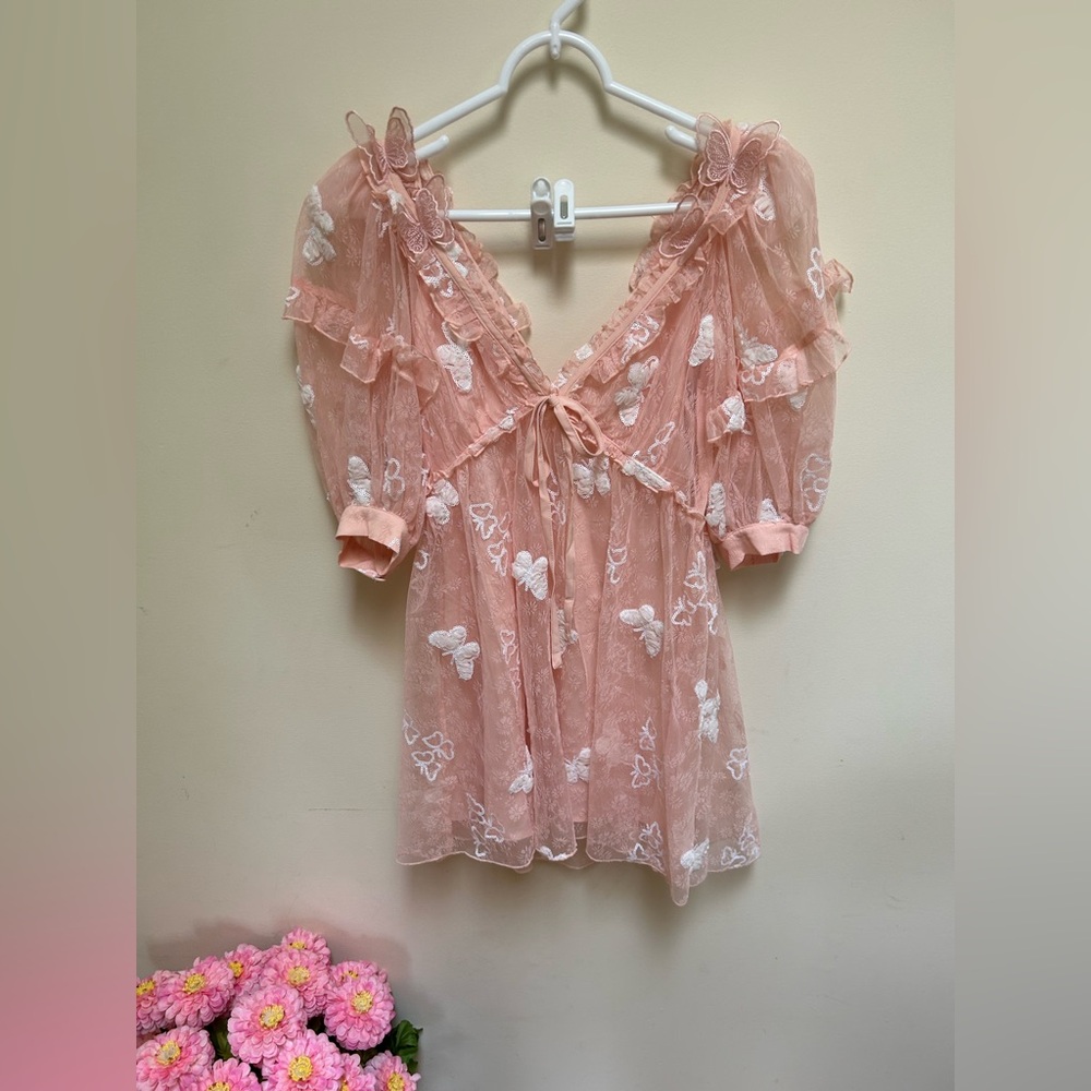 For Love & Lemons Blush Pink Sheer Lace Tie-Front Dress